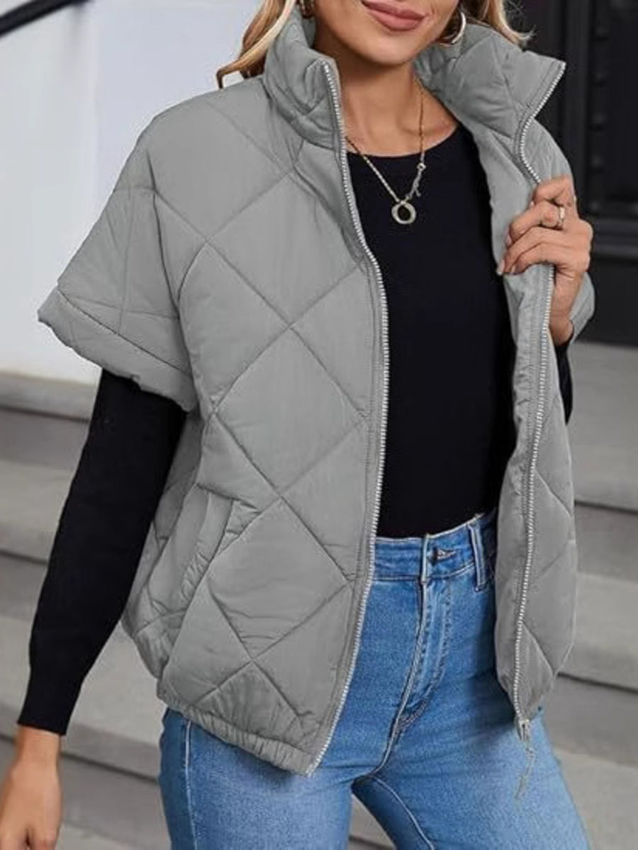 light gray quilted jacket with quilted and collared