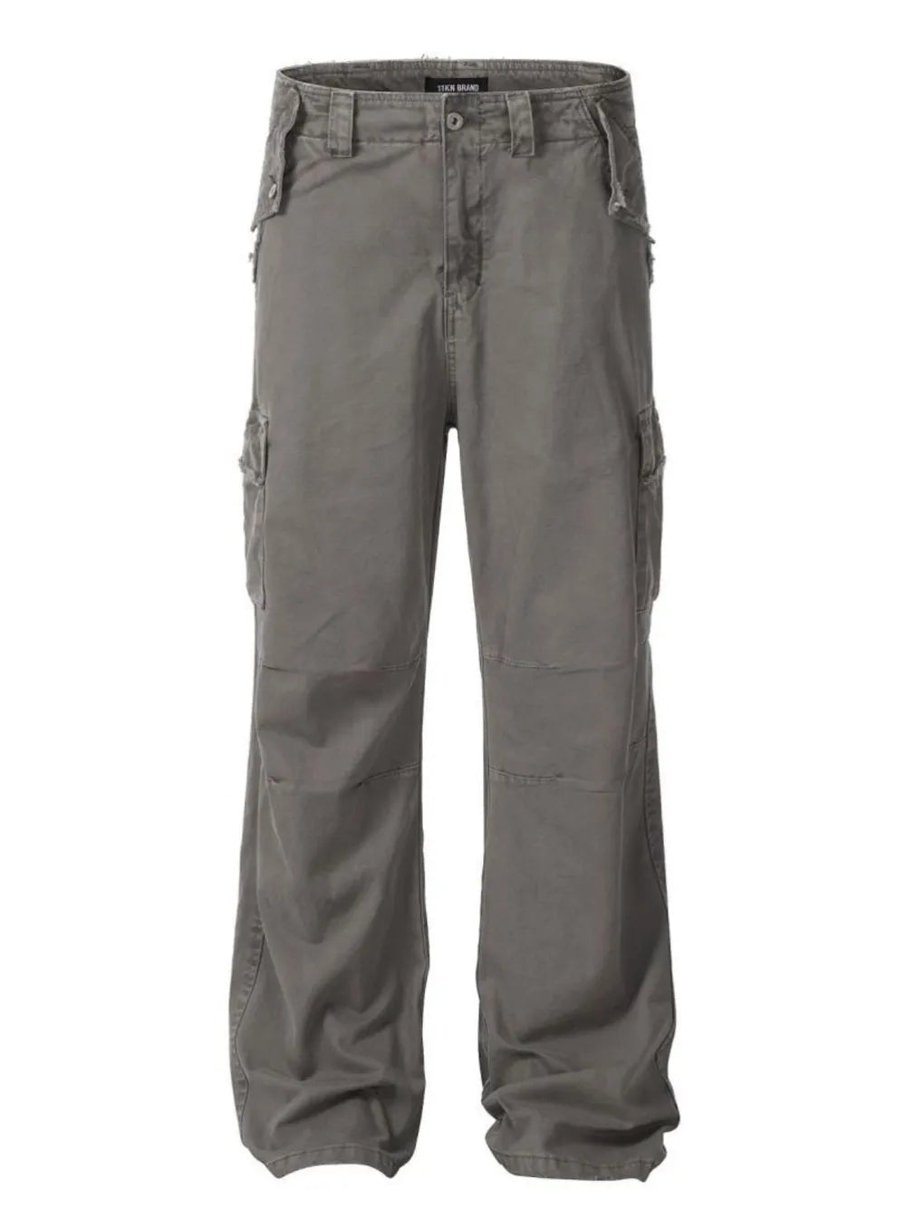 Distressed gray utility cargo pants with wide legs and multiple pockets.