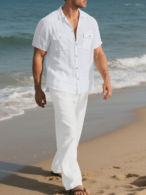Black with Men's Casual Button-up Shirt And Pants Set Plus Size