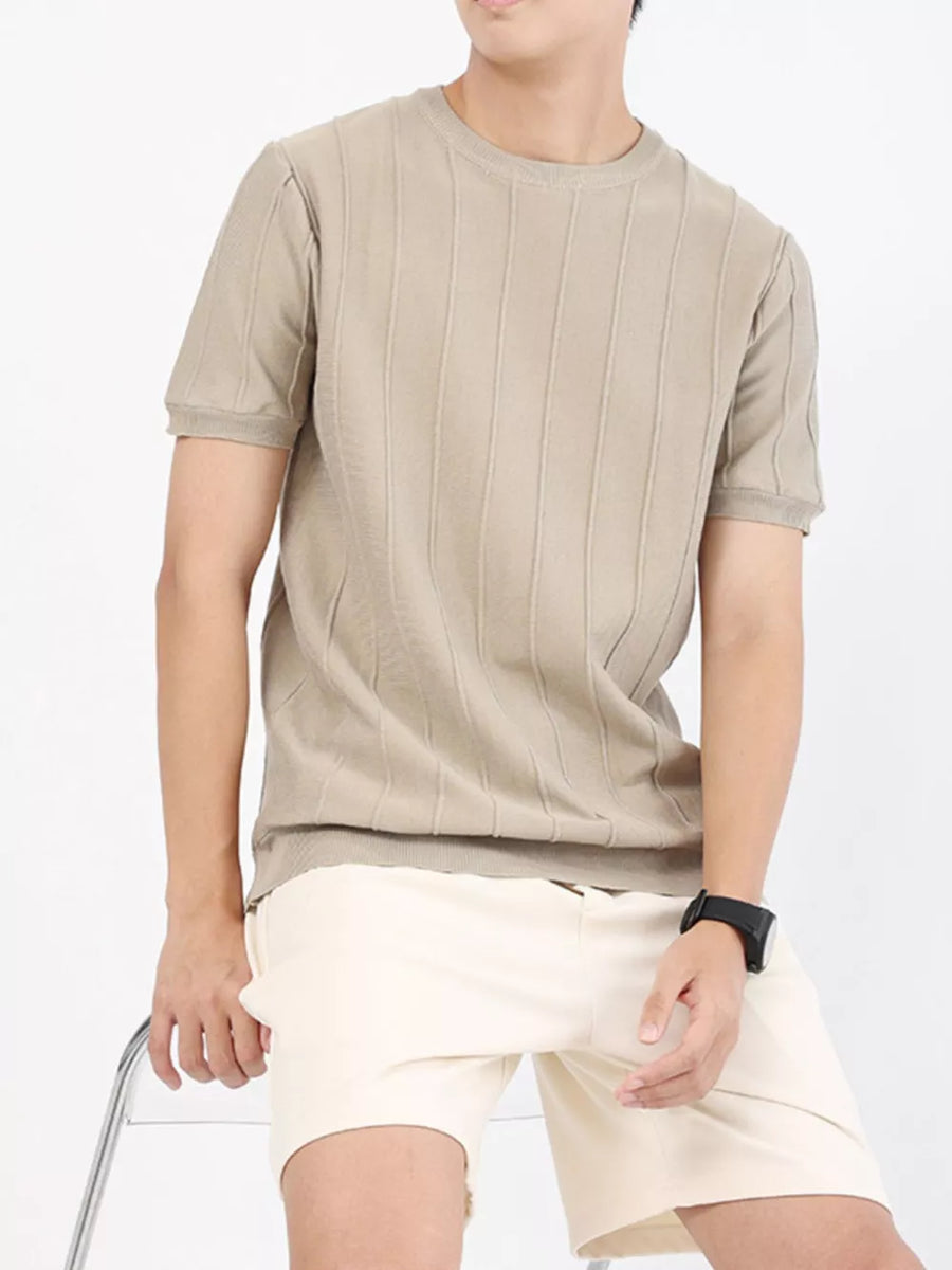 Men's textured short sleeve t-shirt in coffee, crew neck, casual knit style