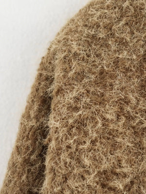 Textured knit tie-front coat in dark brown with fuzzy, shaggy material detail.