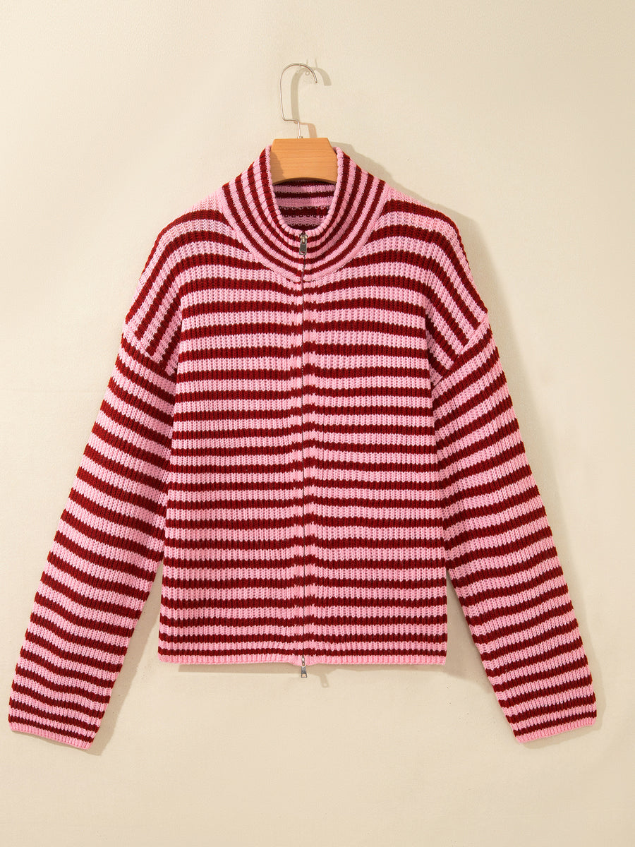 65% polyester, 35% cotton Care instructions: Machine wash cold zip-up sweater in Deep Rose with relaxed silhouette