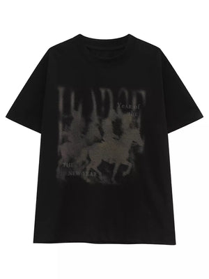 Black cotton blend graphic tee with vintage horse and text print
