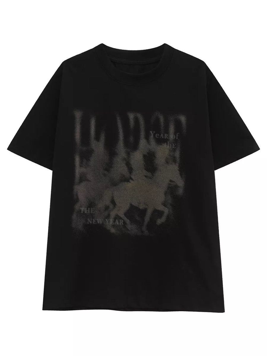 Black cotton blend graphic tee with vintage horse and text print