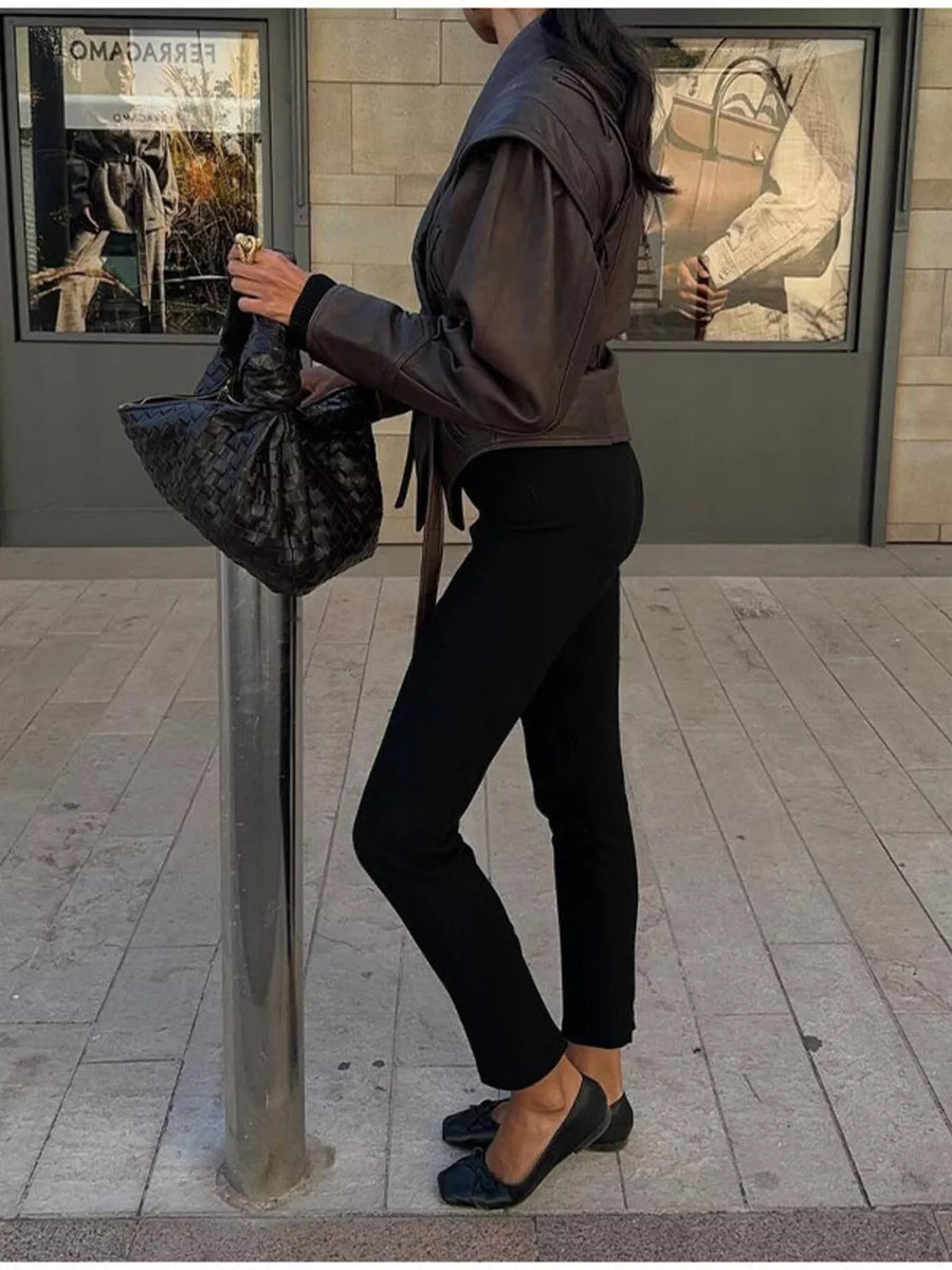 Black Belted Leather Jacket With Shawl Collar