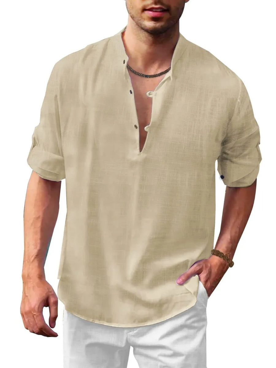 Khaki half-button linen shirt for men with rolled sleeves and a band collar.