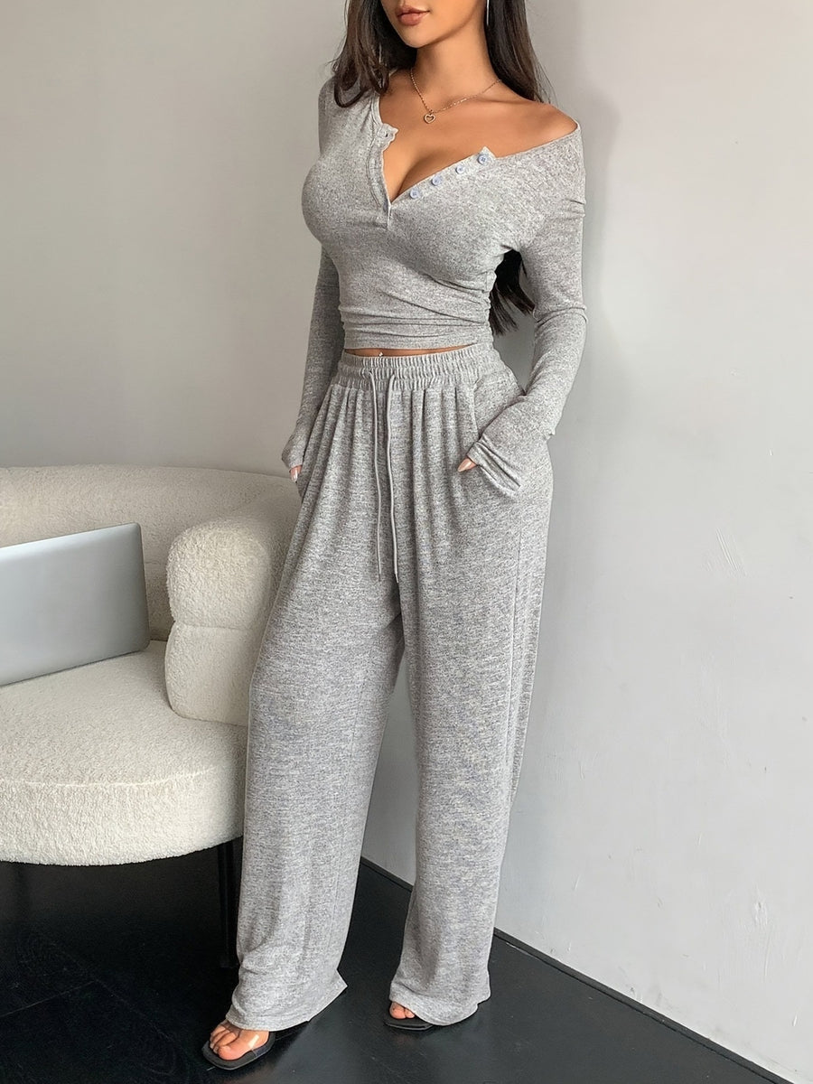 Rose Red fitted top, wide-leg pants two-piece set with henley