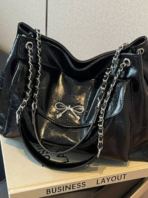 Bow PU Leather Shoulder Bag in black with bow detail
