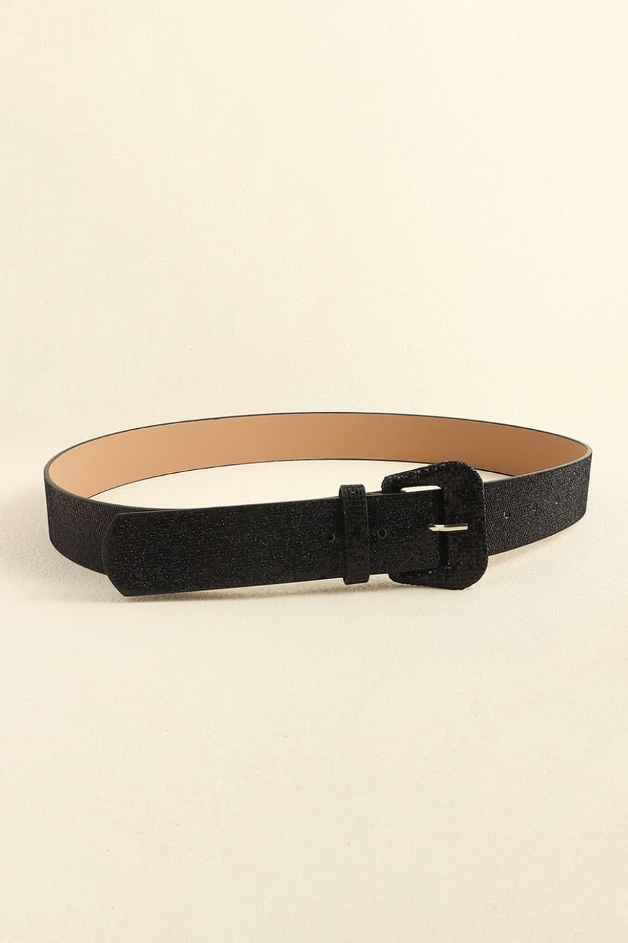 Black glitter belt with a square buckle and faux leather lining