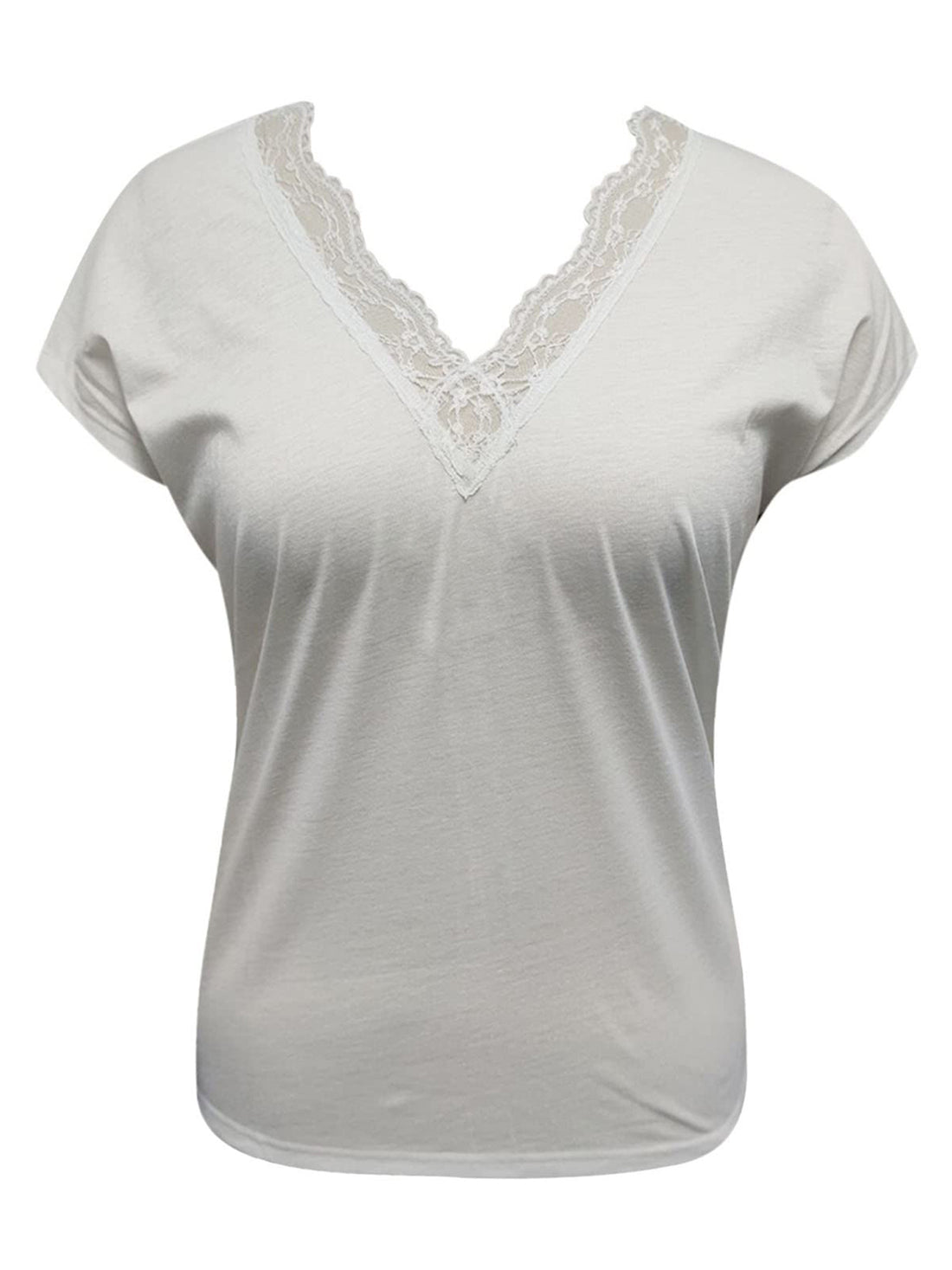 White cap sleeve blouse with lace trimmed V-neck.
