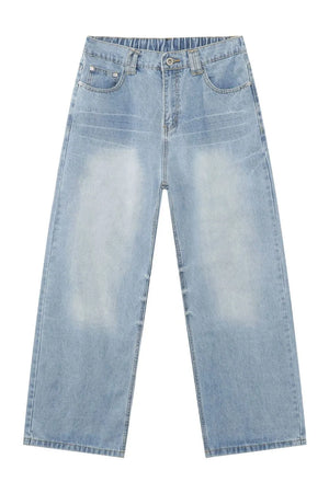 Baggy denim palazzo jeans in medium wash with a washed effect and elastic waistband.