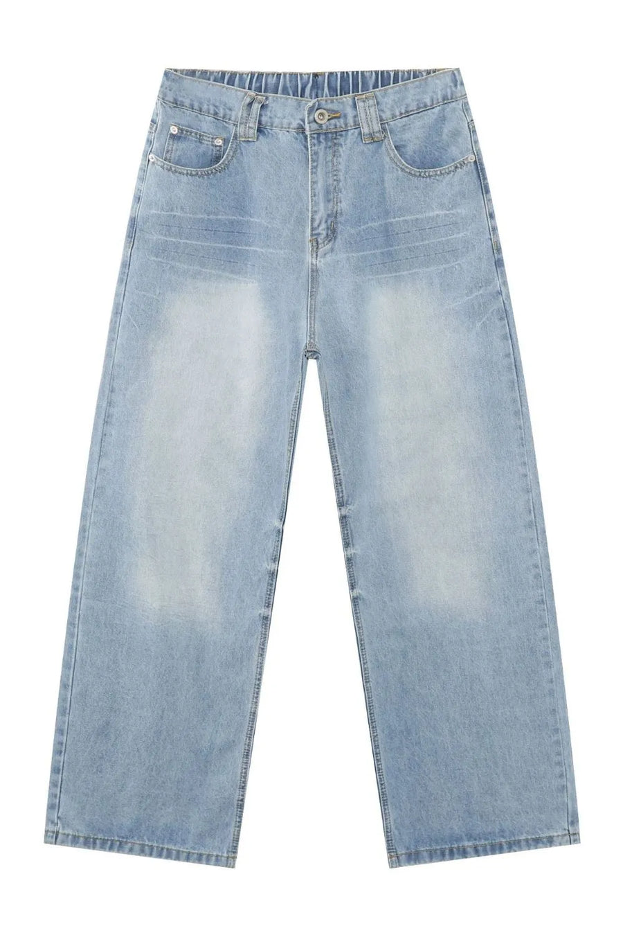 Baggy denim palazzo jeans in medium wash with a washed effect and elastic waistband.