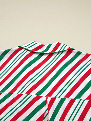 Velvet Ribbon Knot Pajama Set top with red, green, and white stripes and a green collar trim.