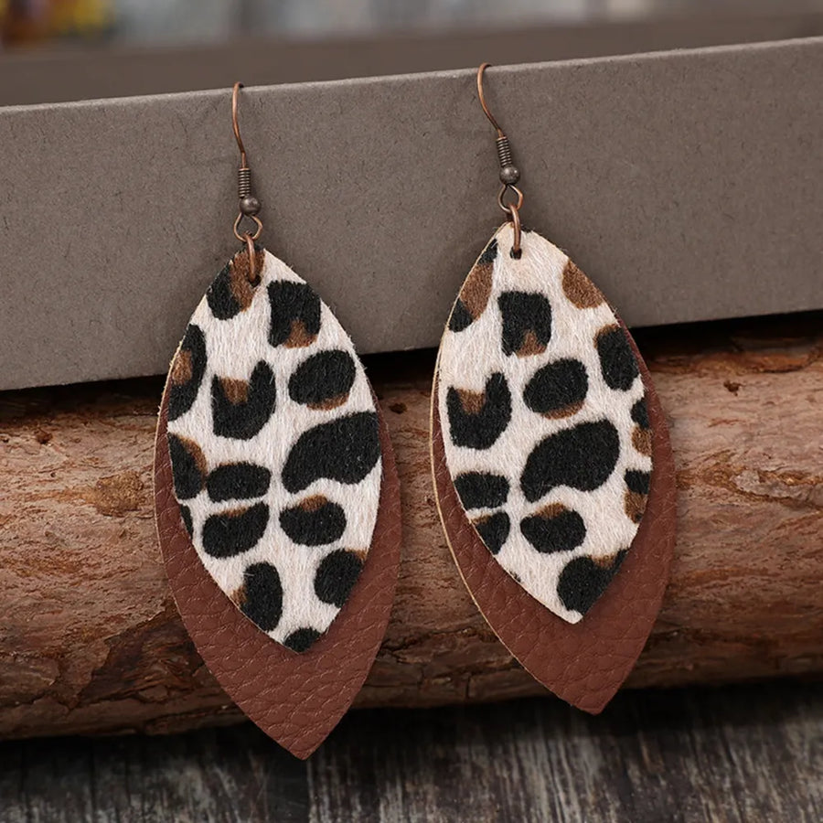 Brown layered leather dangle earrings with leopard print detail