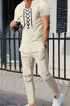 Dark Green Men's Full Size Lace-up Front Top And Pants Set