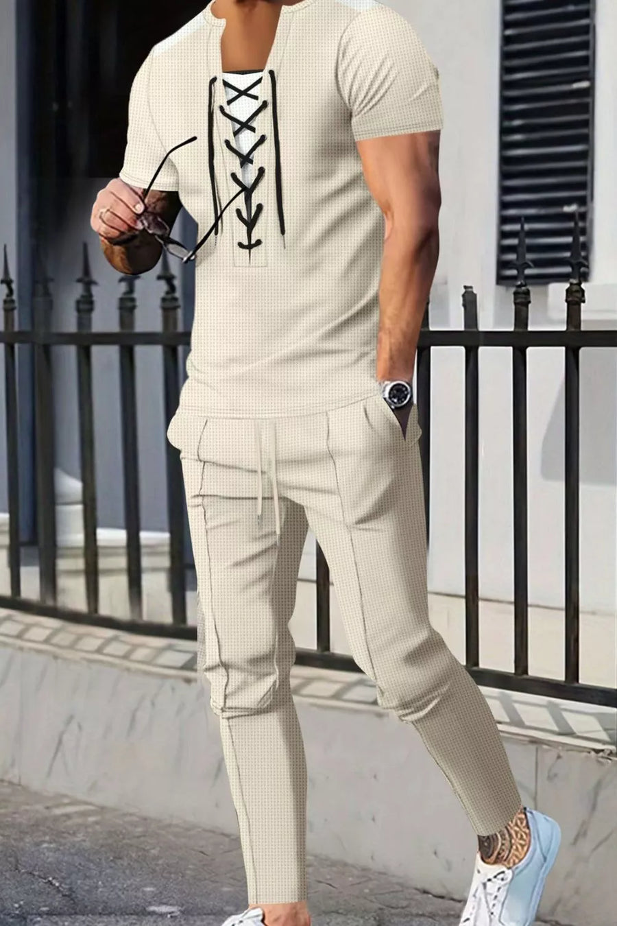 Dark Green Men's Full Size Lace-up Front Top And Pants Set