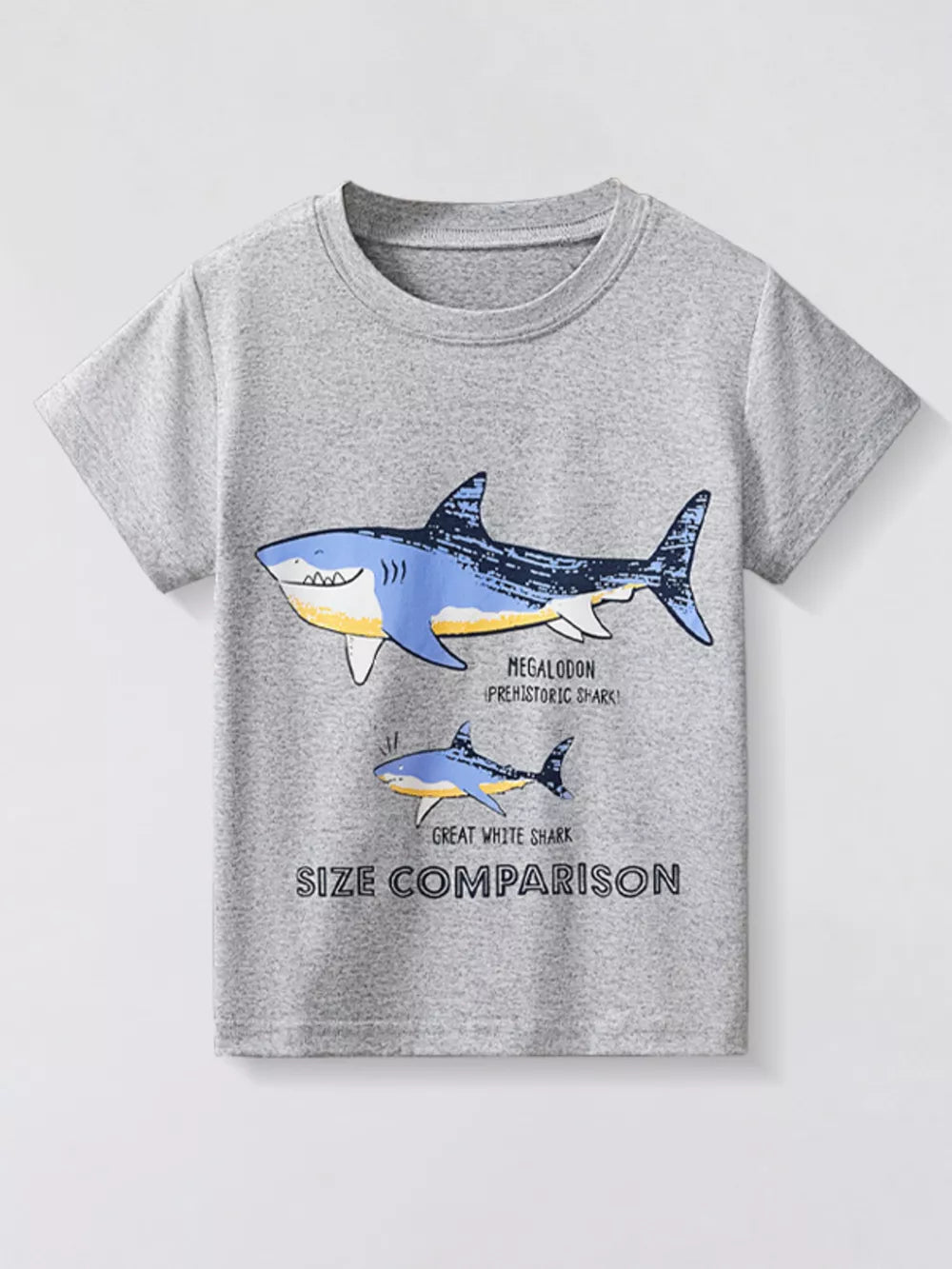 Grey t-shirt with short sleeves and a graphic of two sharks labeled Megalodon and Great White Shark.