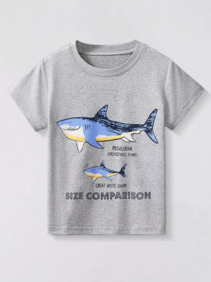 Grey t-shirt with short sleeves and a graphic of two sharks labeled Megalodon and Great White Shark.