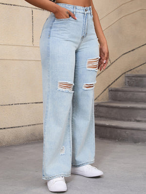 wide-leg jeans in light blue with distressed and full-length