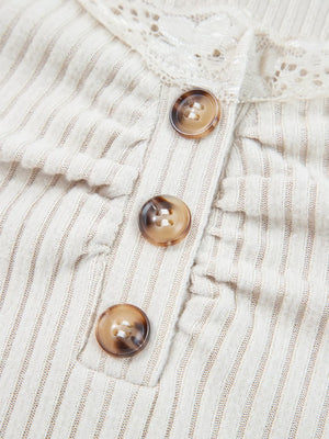 Beige ribbed long-sleeve top with lace collar and button detail