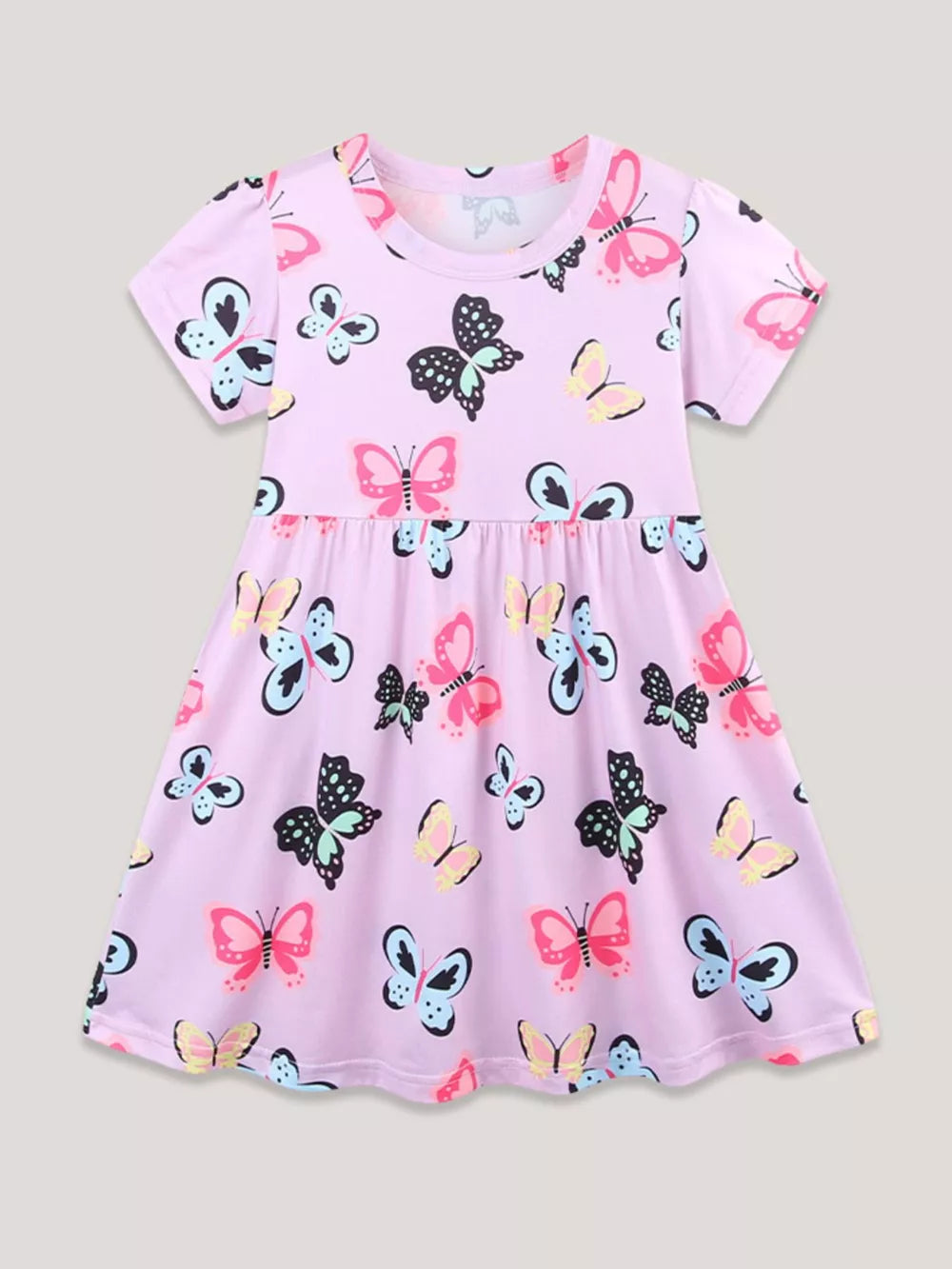 Pink butterfly print toddler dress with short sleeves and above-knee length.