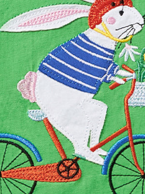 Green cotton t-shirt with embroidered rabbit on bicycle detail