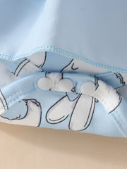 Sky blue baby dress with bunny print and snap closures.