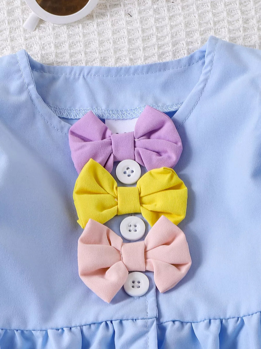 Blue with Children's Bow Puff Sleeve Top And Shorts Set