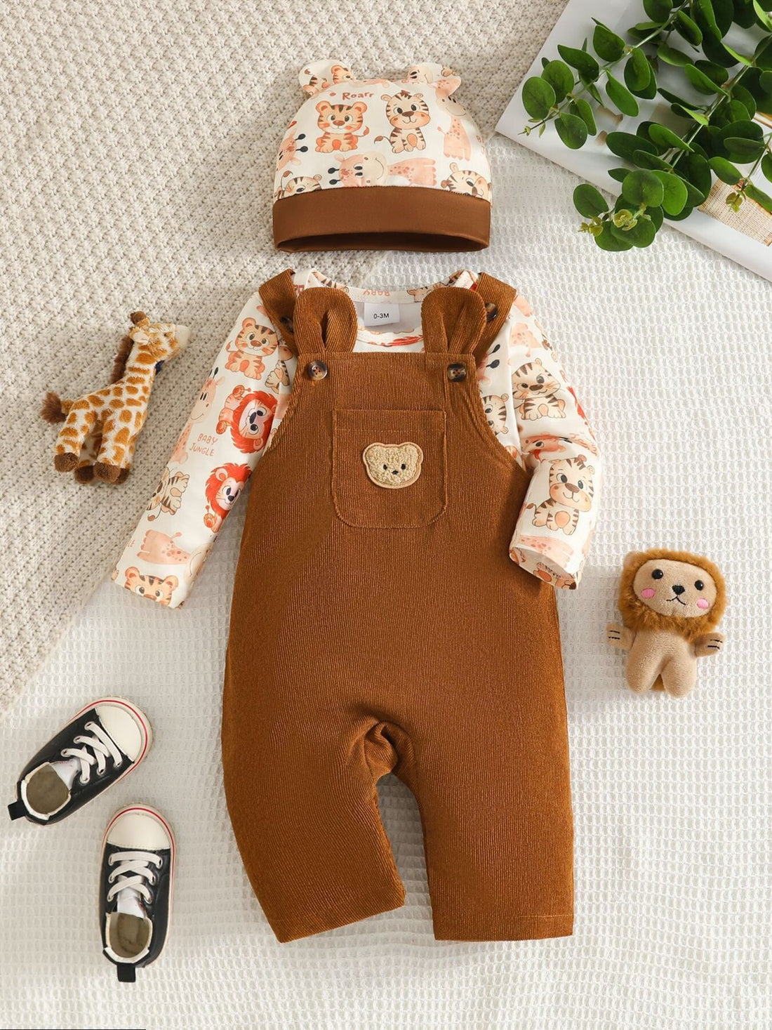 brown overalls with animal-print and crew neck