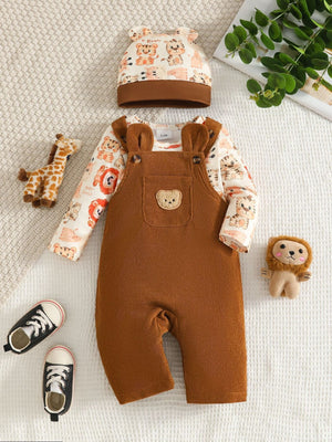 brown overalls with animal-print and crew neck