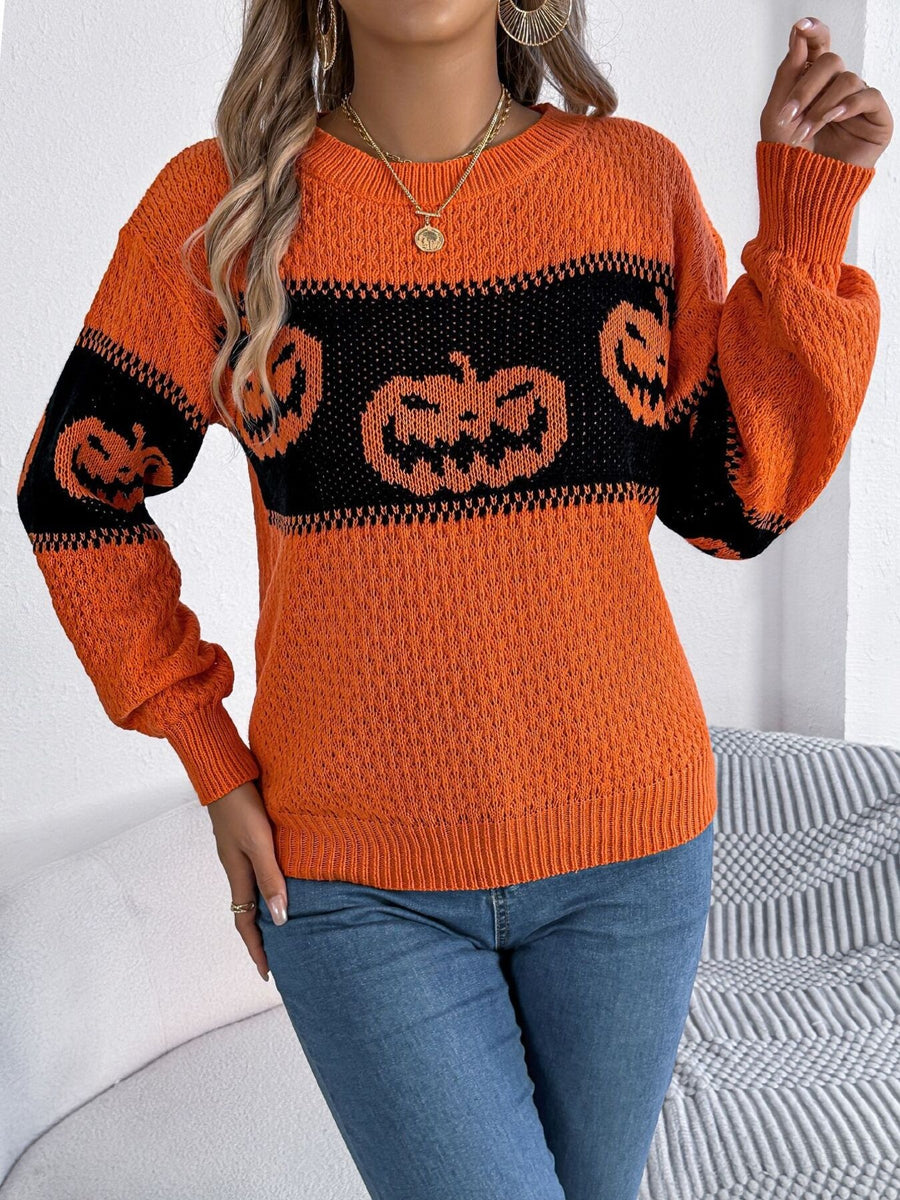 pullover sweater in bright orange with pumpkin and stretchy
