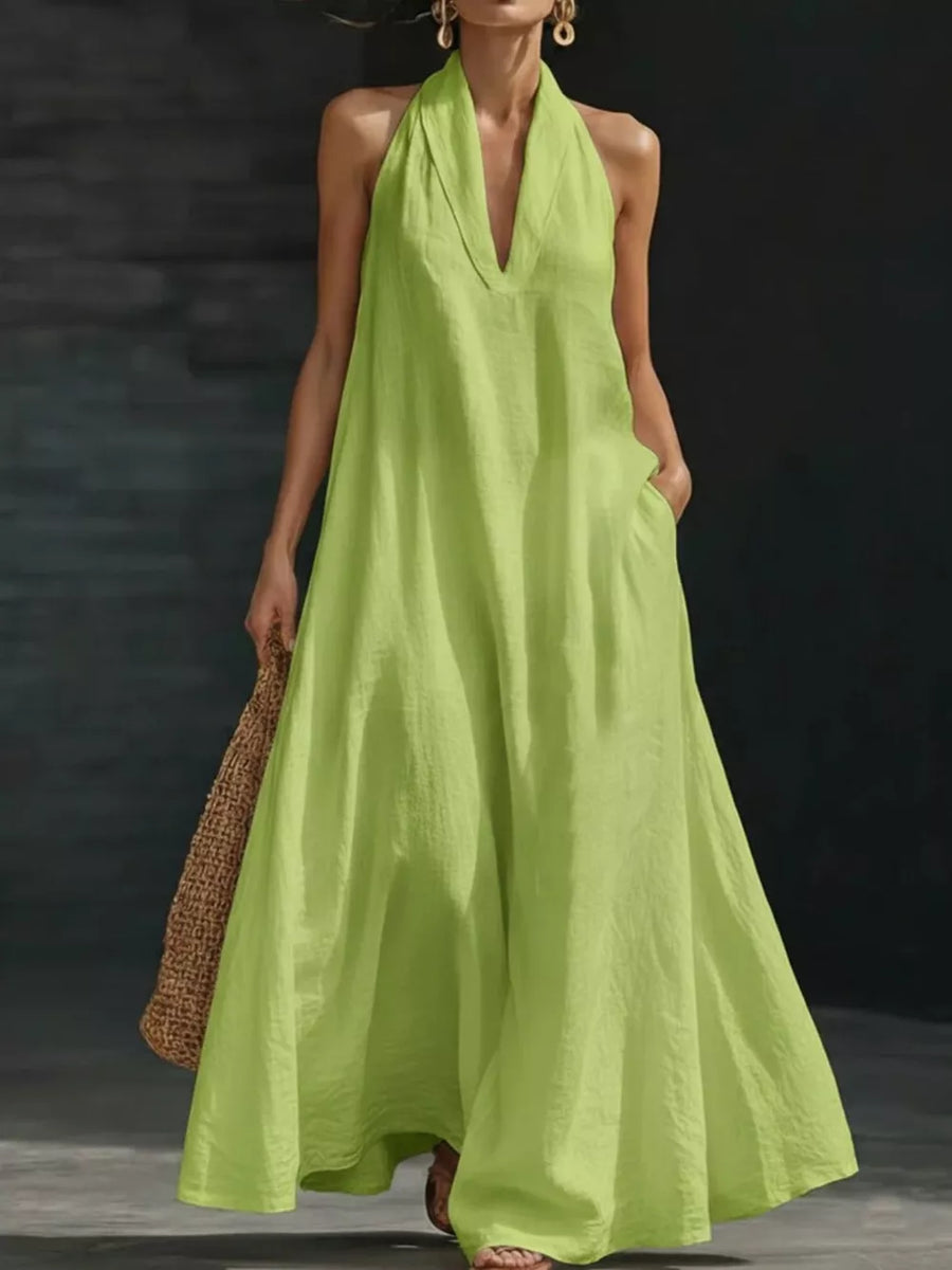 Lime halter neck maxi dress with pockets, 100% polyester, V-neck, flowy skirt.