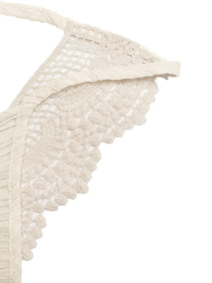 Apricot lace trim V-neck maxi dress detail featuring crochet and crinkled texture.