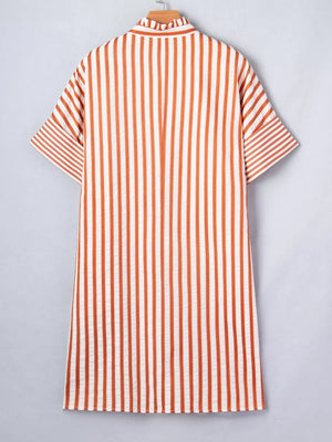 Striped V-neck shift mini dress with short sleeves and a ruffled collar.