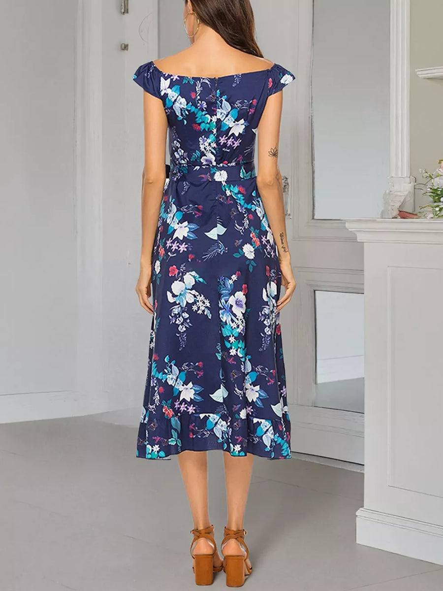 Floral off-shoulder midi dress with self-tie belt and ruffled hem.