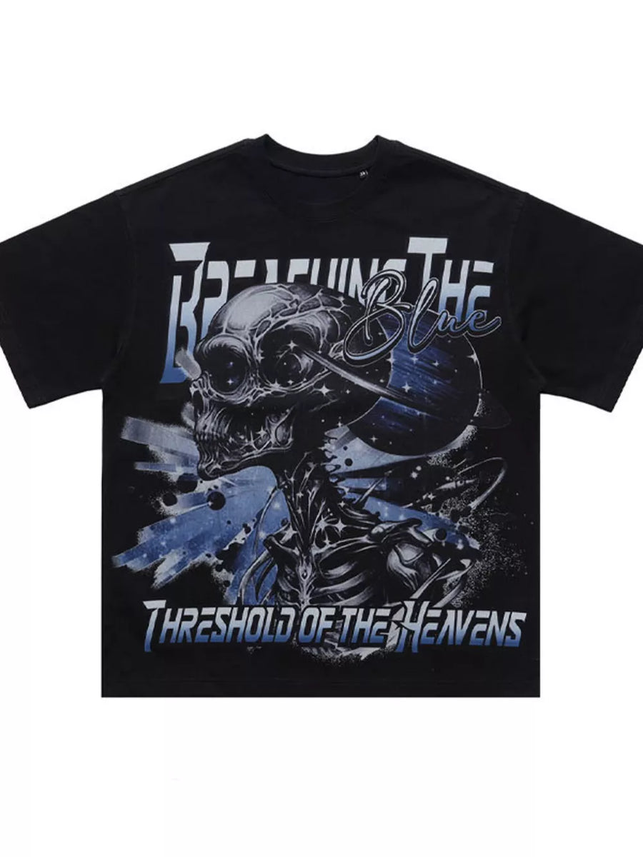 Black t-shirt with bold skull graphic and "THRESHOLD OF THE HEAVENS" text.