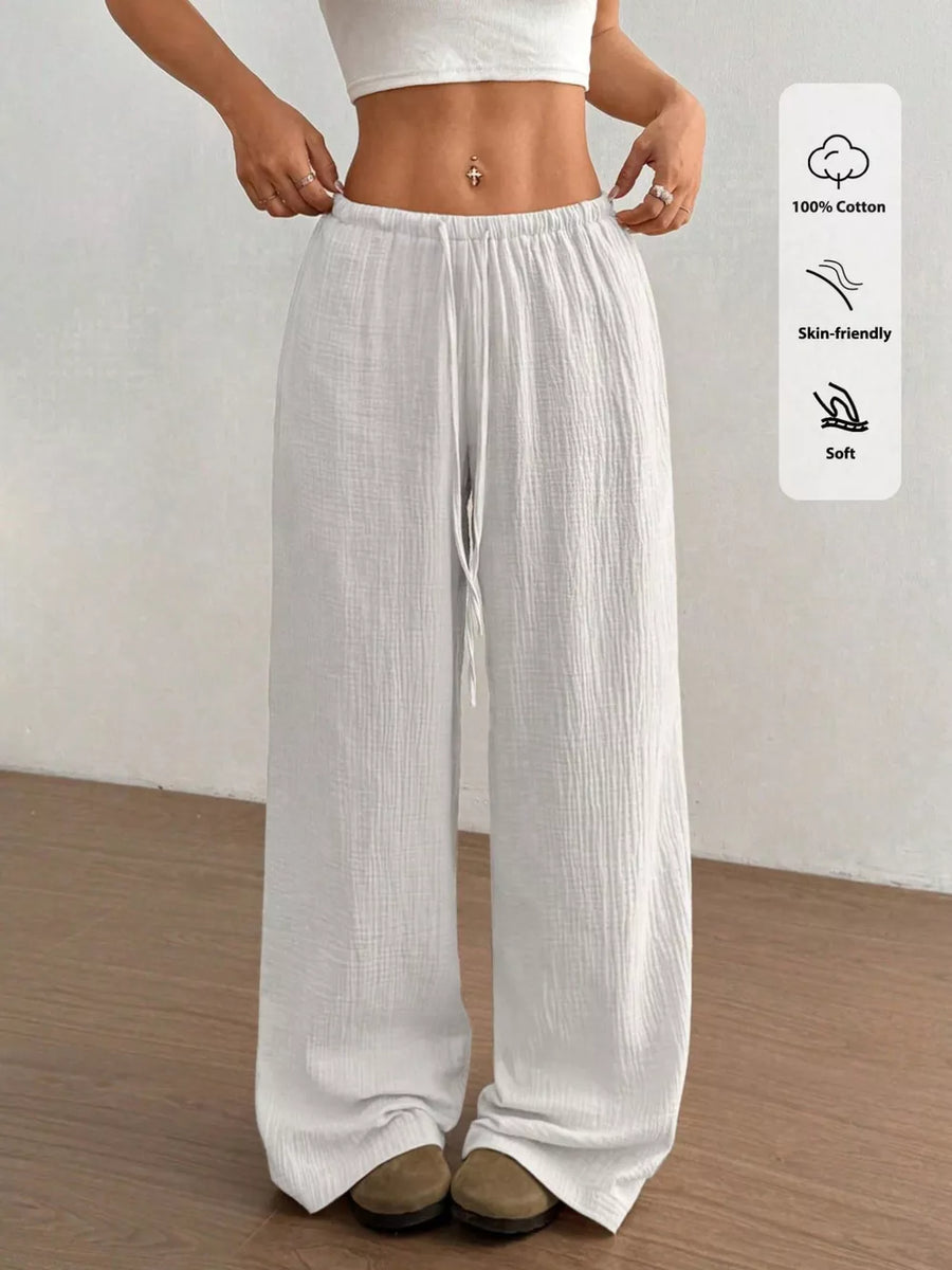 Wide-leg Drawstring Cotton Pants in Apricot