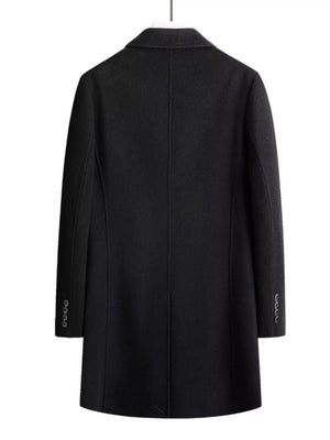 Men's black wool blend overcoat with buttoned cuffs and classic lapels.