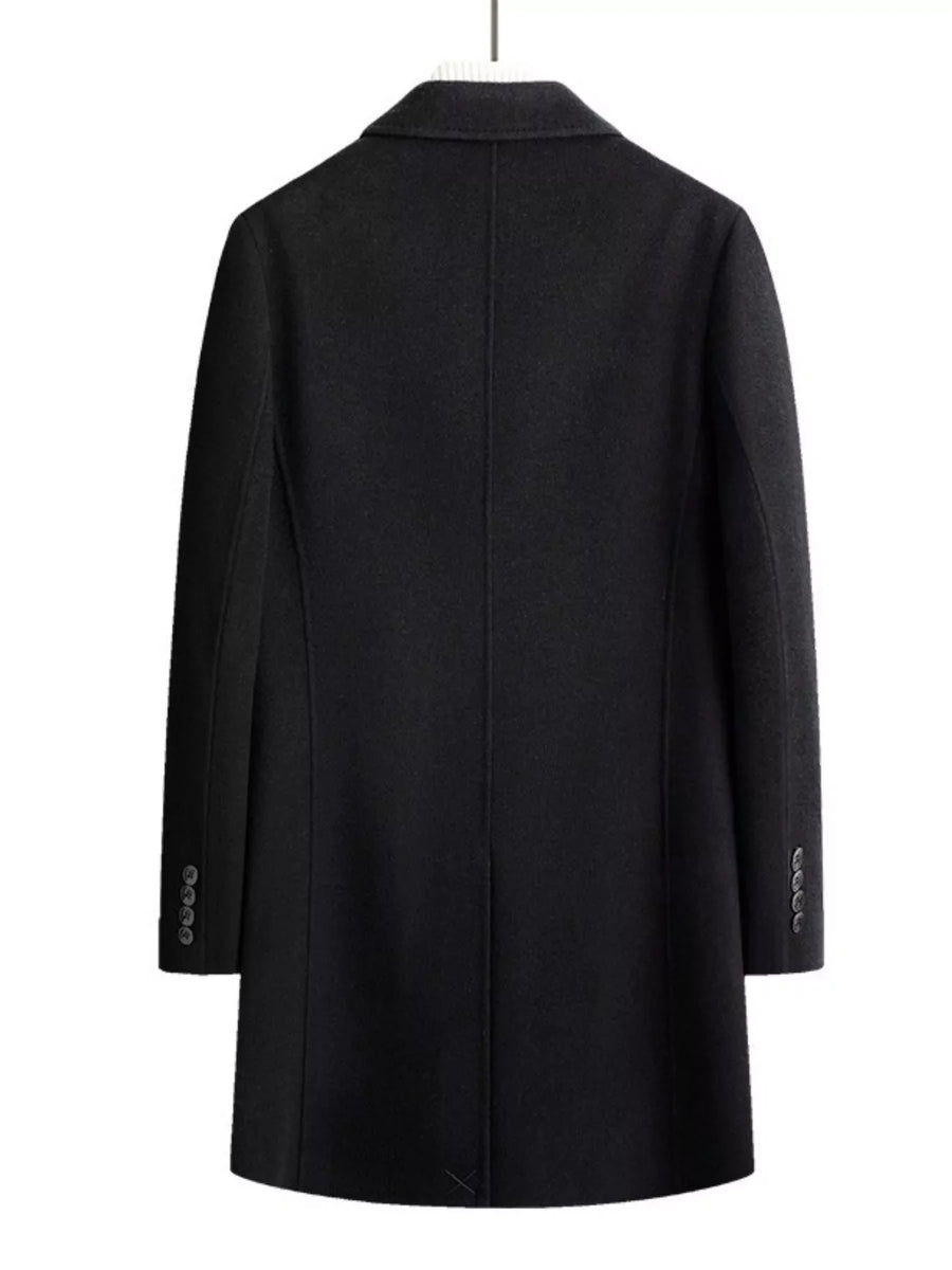 Men's black wool blend overcoat with buttoned cuffs and classic lapels.
