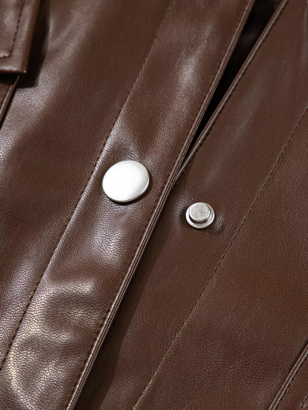 Double Flap Pocket Drawstring Hem Leather Jacket in chocolate brown with flap pockets