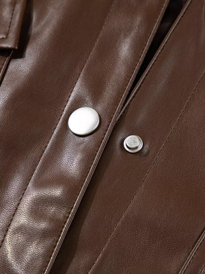 Double Flap Pocket Drawstring Hem Leather Jacket in chocolate brown with flap pockets