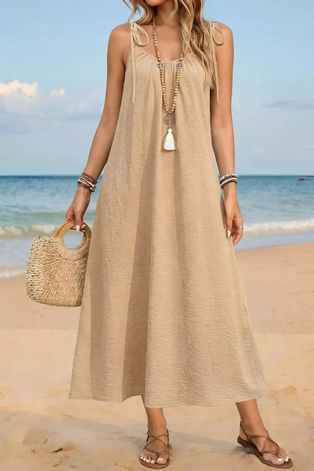 Beige tie-shoulder midi dress in cotton blend with textured fabric and a breezy, casual fit.