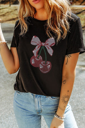 Black t-shirt with rhinestone cherry and bow graphic, short sleeves, crew neck.