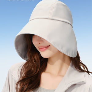 Light gray wide brim sun hat with a large brim for UV protection.