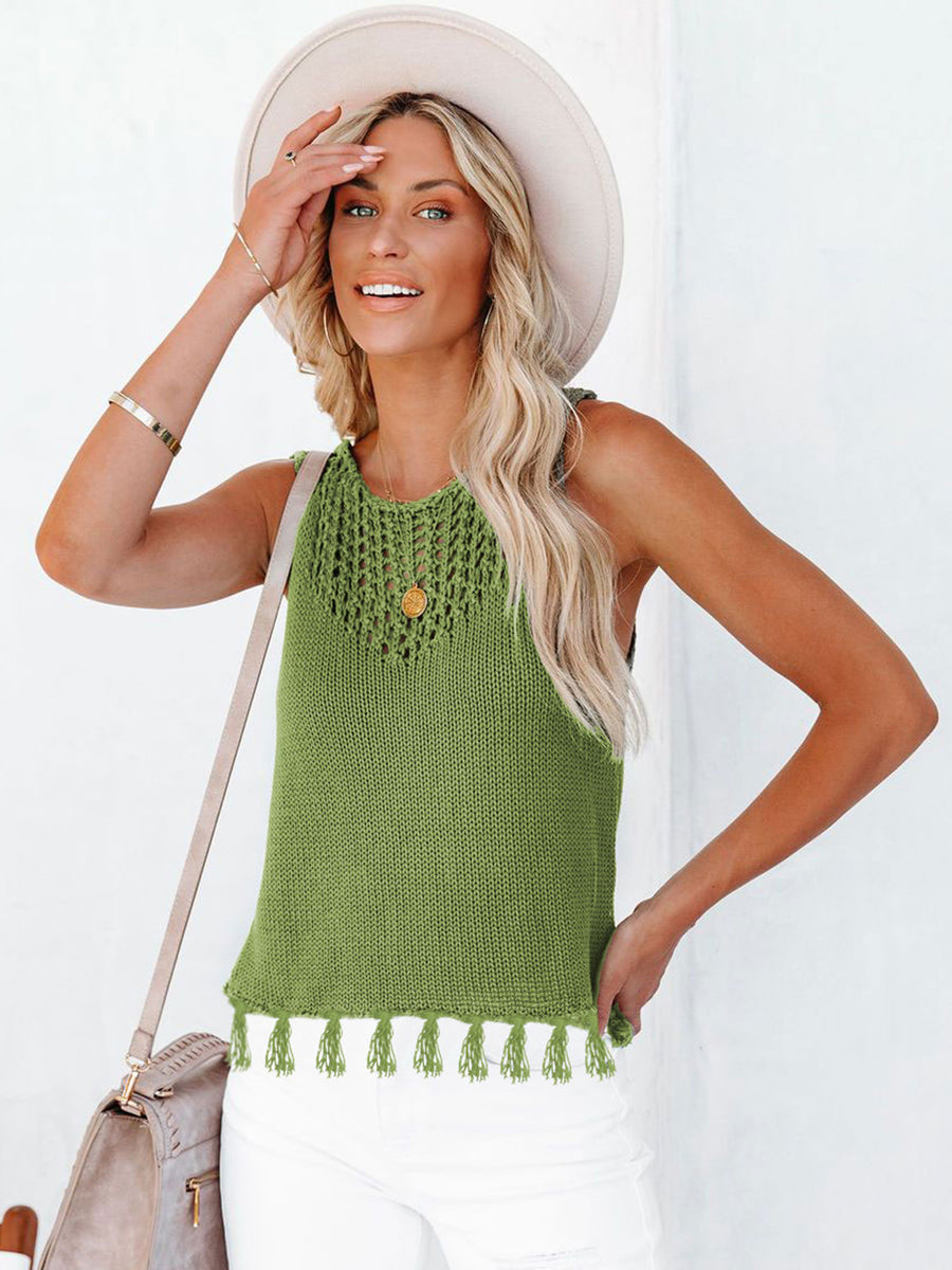 Lime knit tank top with crochet detail and tassel trim
