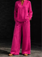 Notched Long Sleeve Top And Pants Set in white with notched
