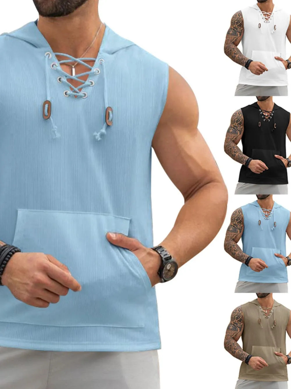 Sleeveless ribbed knit hoodie in light blue with lace-up neckline and front pocket.