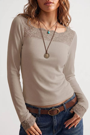 taupe blouse with ribbed and square neck