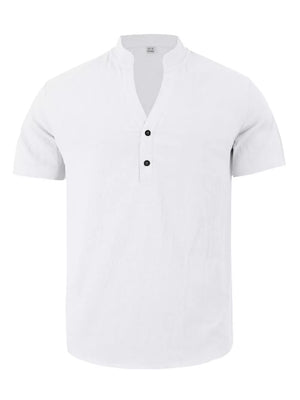 White linen blend men's short sleeve band collar shirt with two button placket.