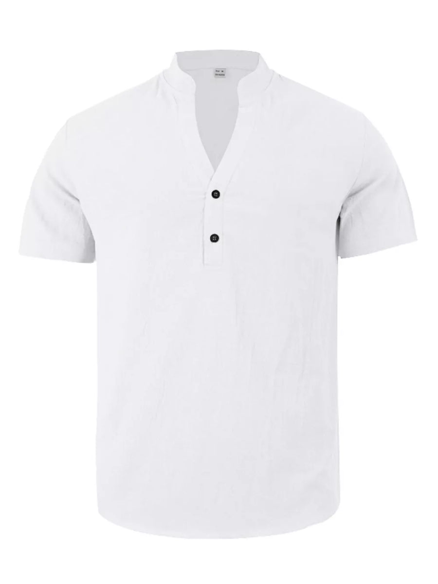White linen blend men's short sleeve band collar shirt with two button placket.